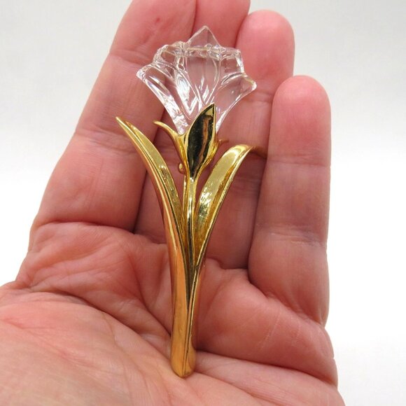 Swarovski Brooch Lily Clear Crystal Gold Tone Flower Floral Design Pin - Picture 10 of 10